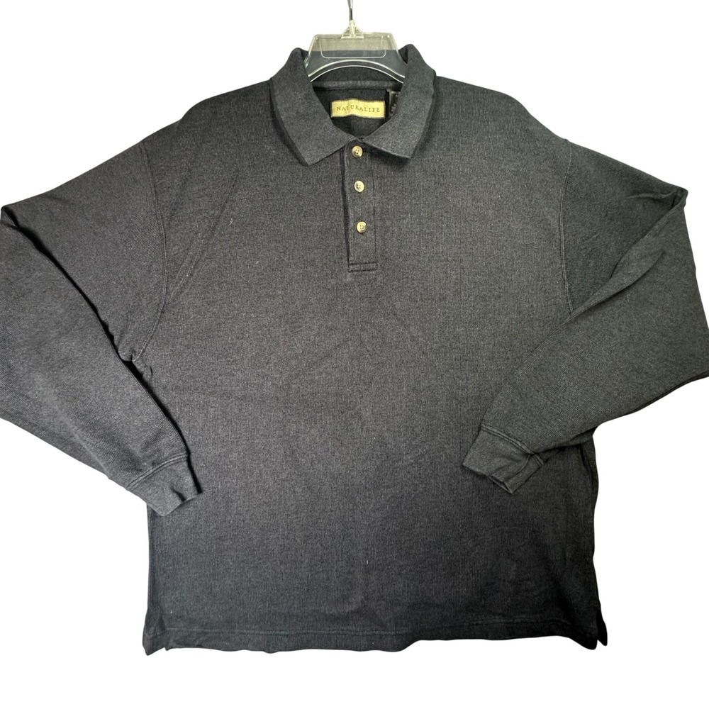 Naturalife Long Sleeve Golf Polo Shirt Cotton Pique Dadcore Large Charcoal Gray